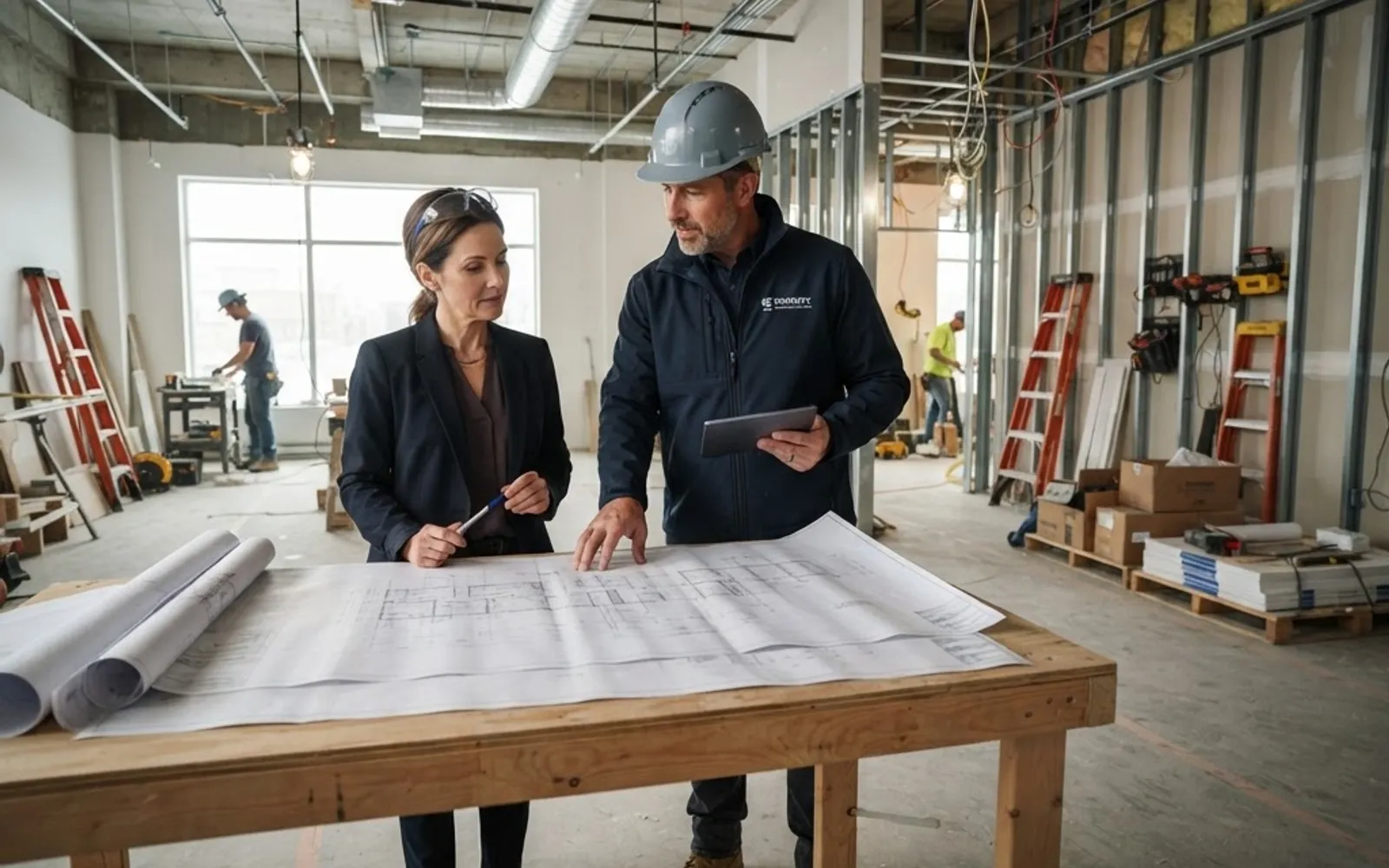 Contractor and business owner reviewing plans during an office renovation.