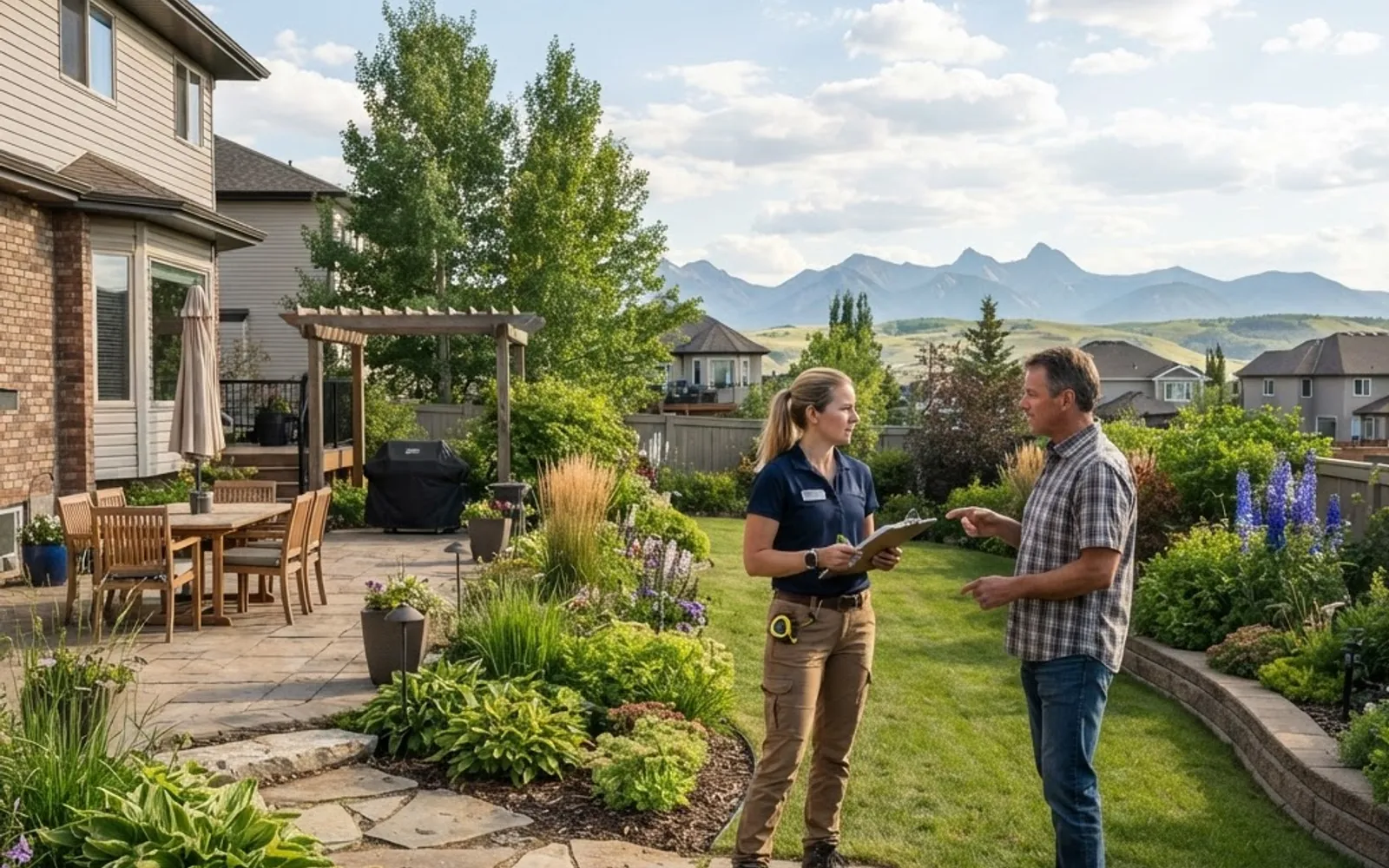 Landscape professional assessing planting beds and a residential outdoor space.