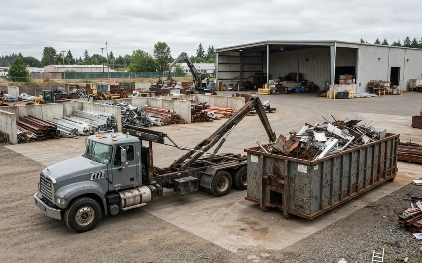 Commercial scrap metal bin and collection truck in an organised yard.