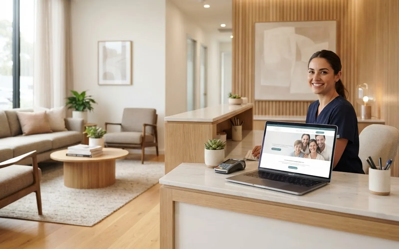 Modern dental reception with a clinic website displayed on a laptop.
