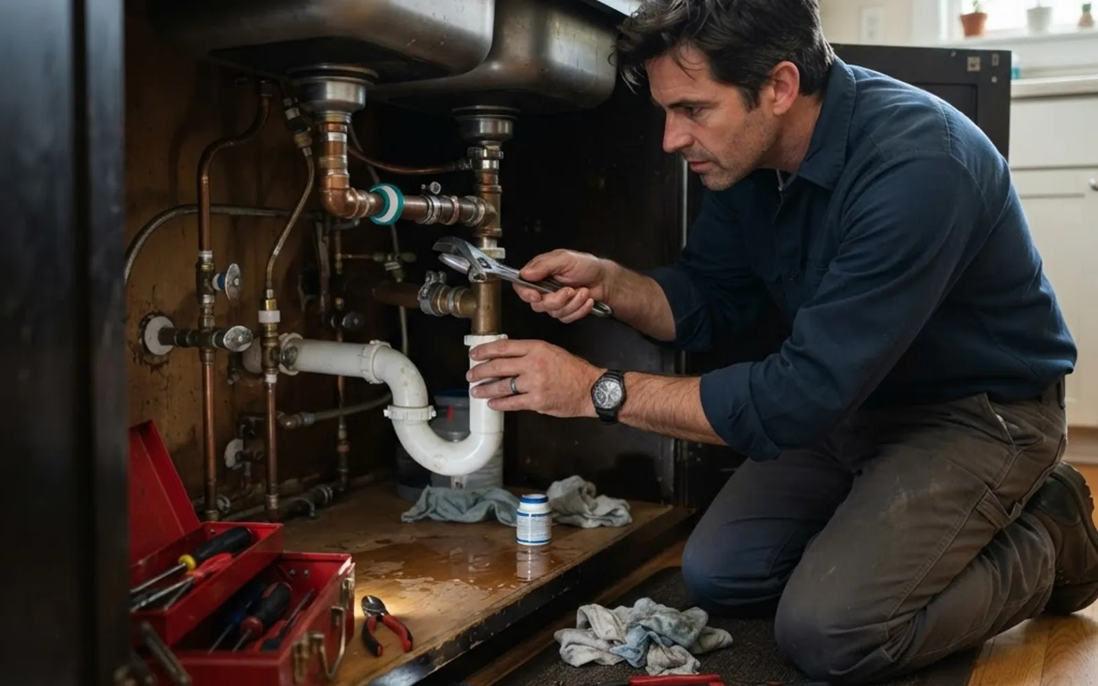 Plumber inspecting pipework beneath a residential kitchen sink.