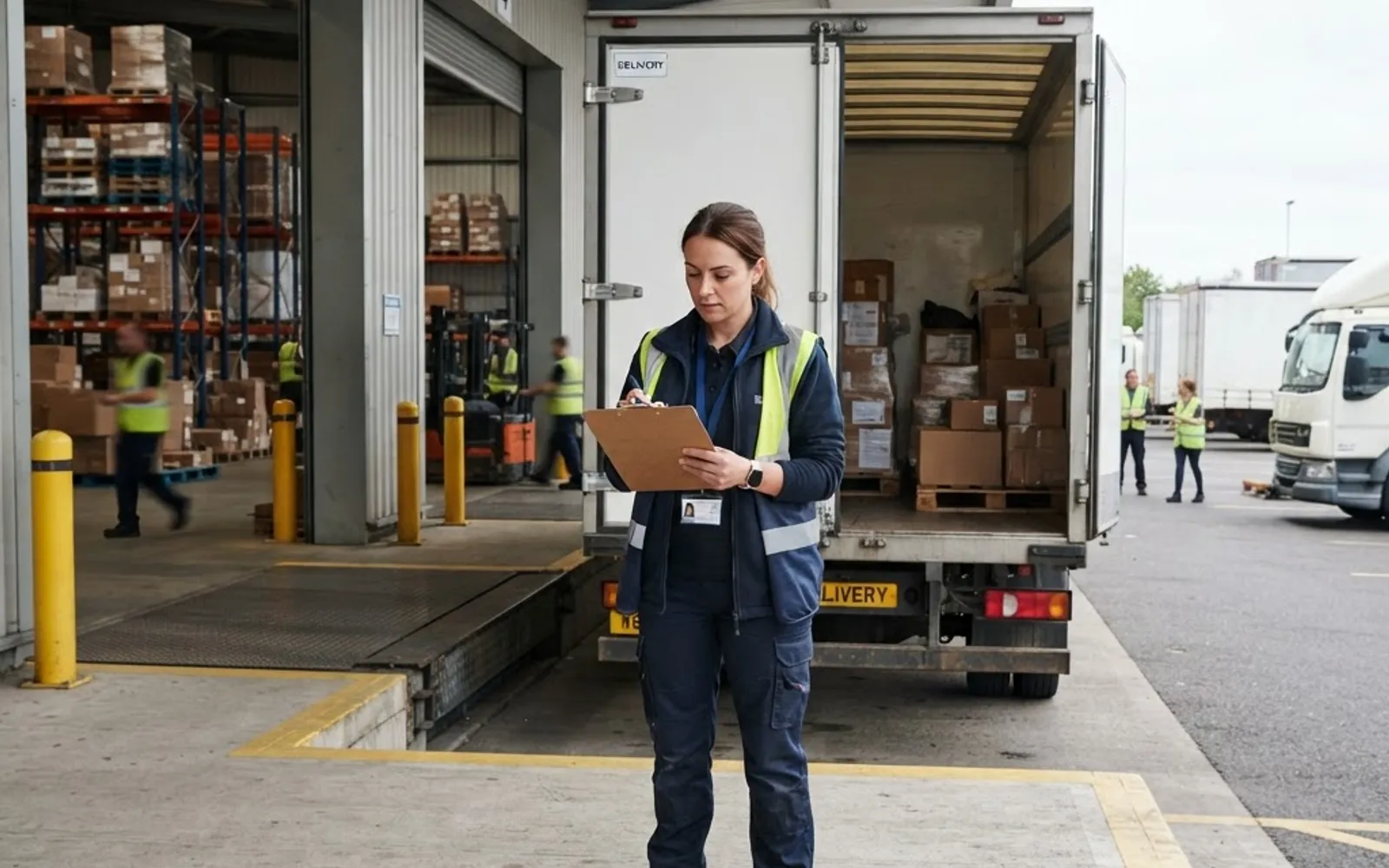 Logistics coordinator reviewing shipment paperwork beside a delivery vehicle.