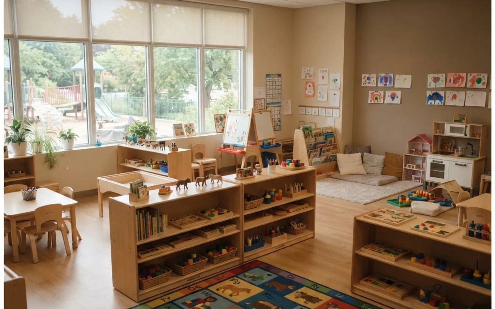 Welcoming childcare classroom with learning materials and activity areas.