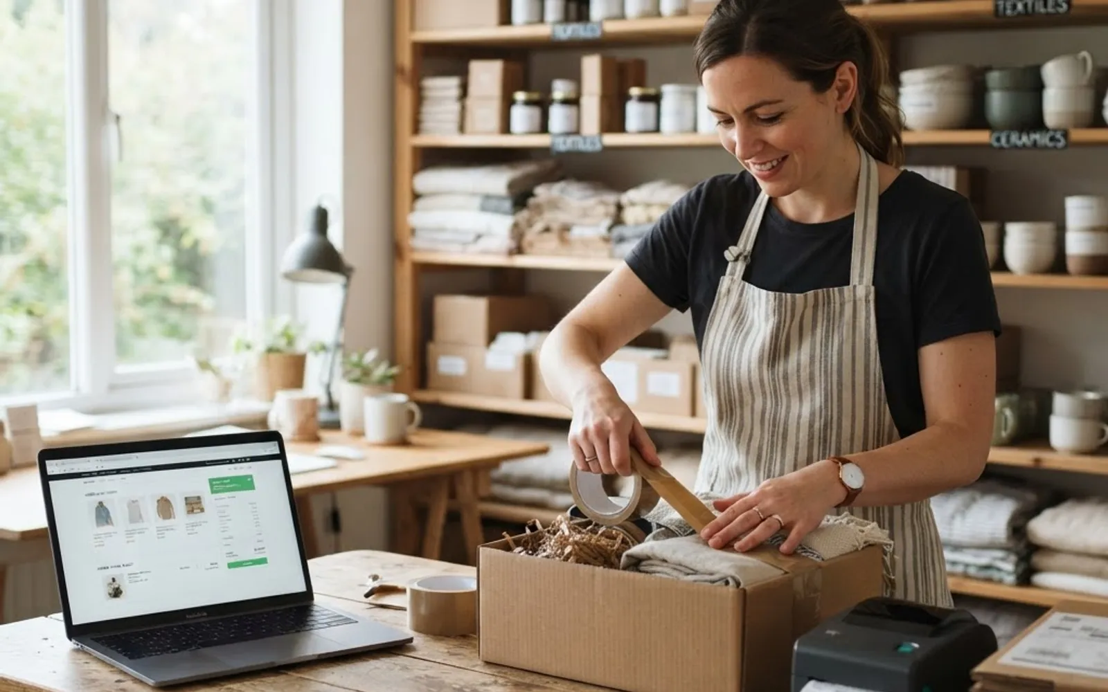 Online retailer preparing a customer order beside a product catalogue.