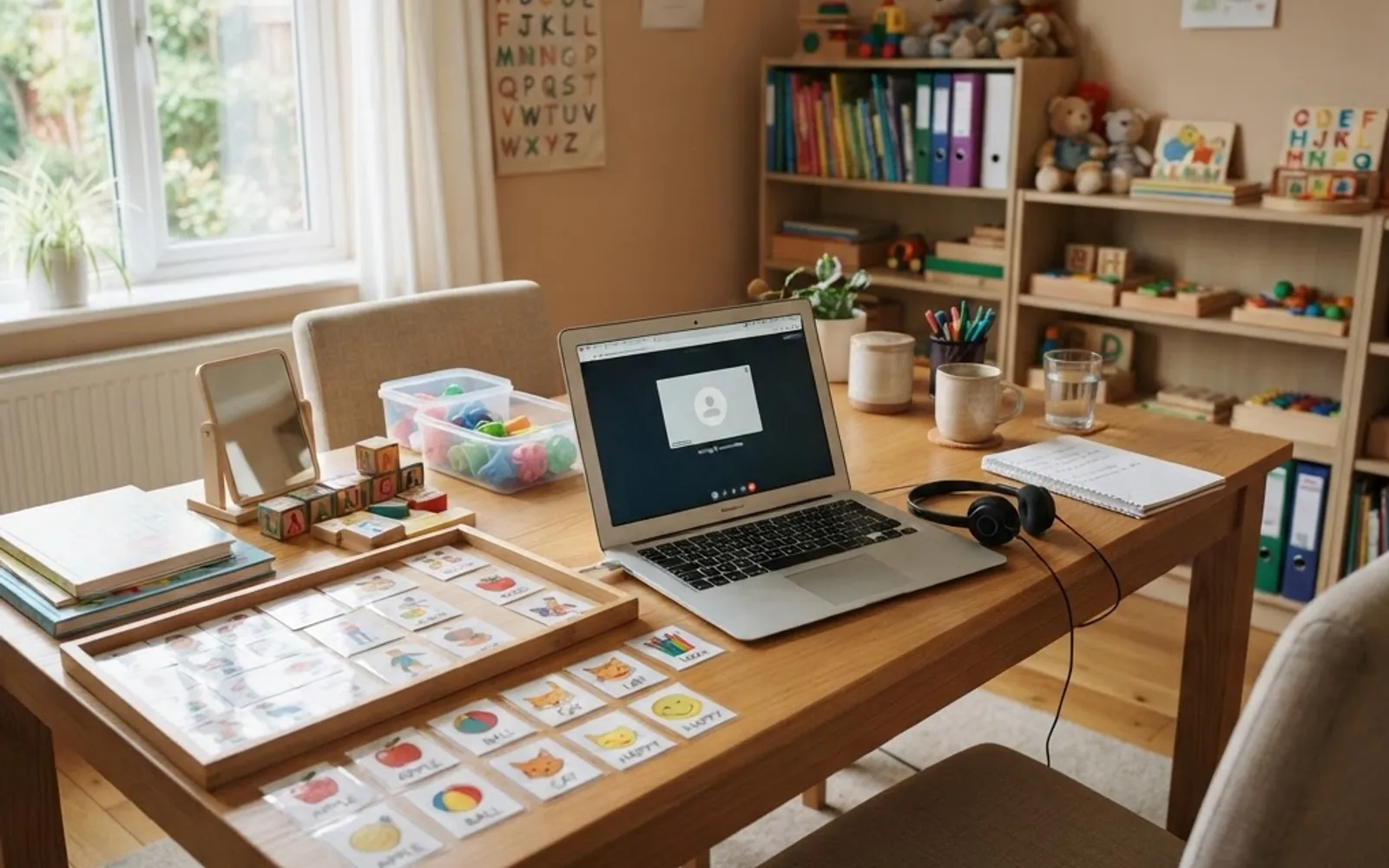 Speech therapy materials and laptop prepared for an online consultation.