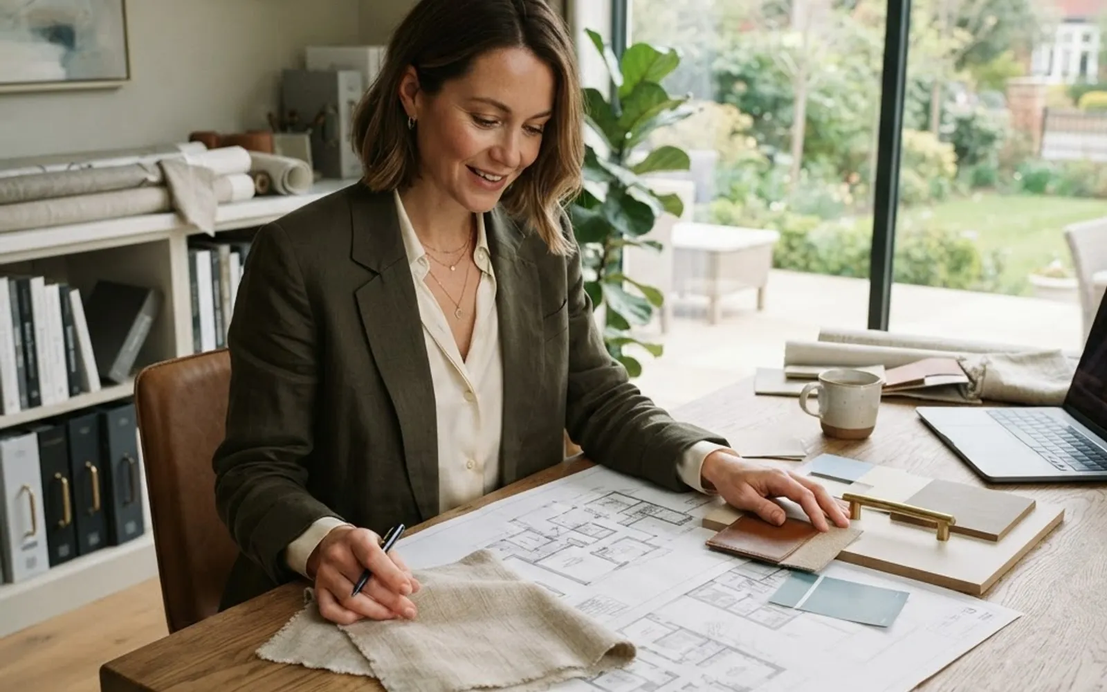 Interior designer reviewing material samples and residential design plans.
