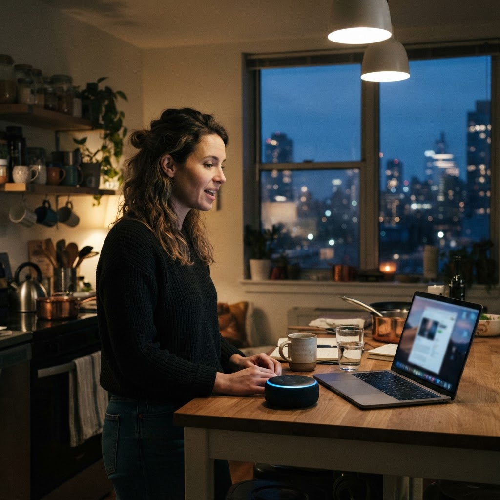 Modern AI and search visibility for Canadian businesses — a person using voice and AI search at dusk