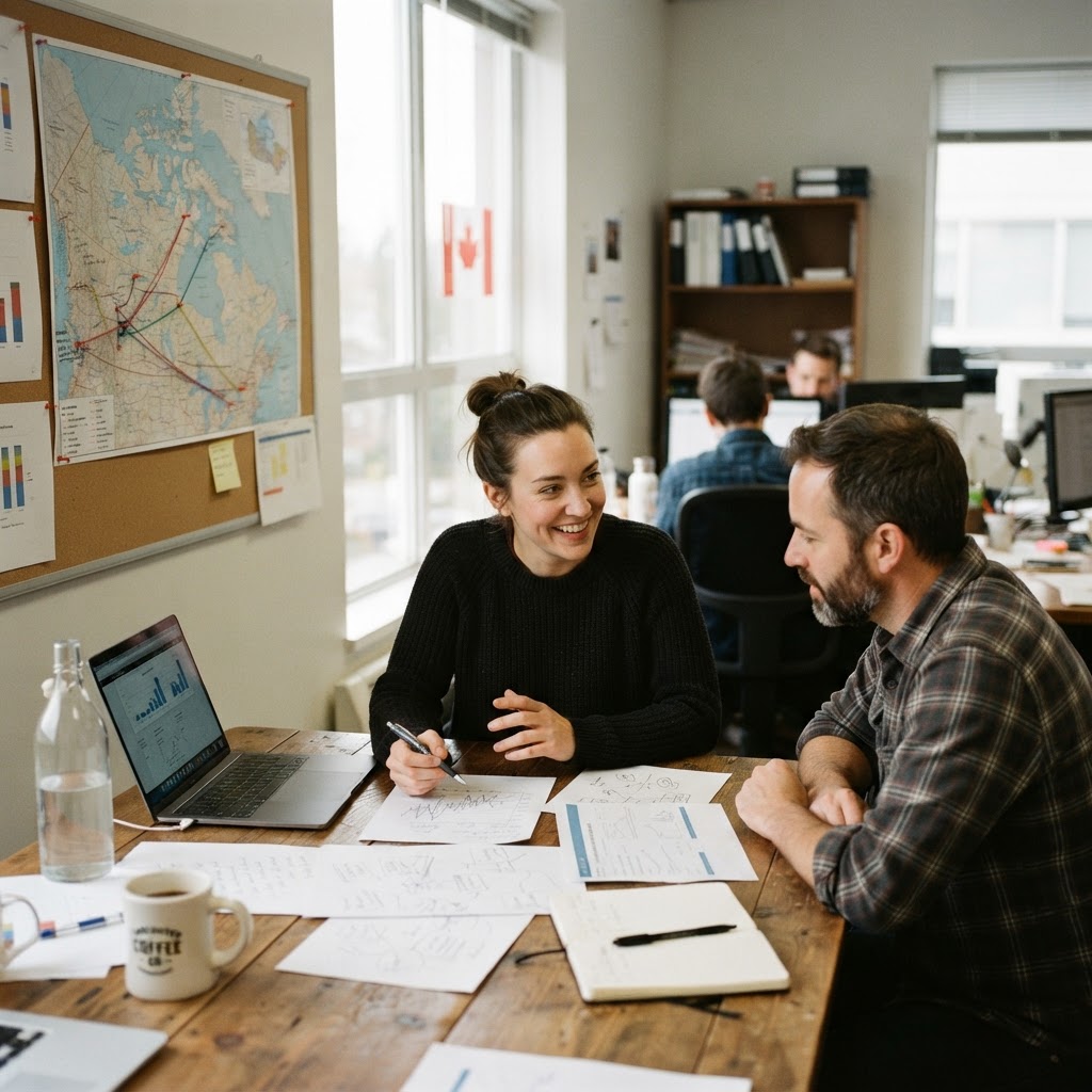 SEO strategy for businesses across Canada — a Canadian map and search planning charts on a worktable