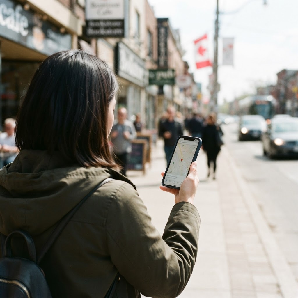 Local search and Google Maps visibility for Canadian businesses — a customer checking a maps app on a Canadian main street