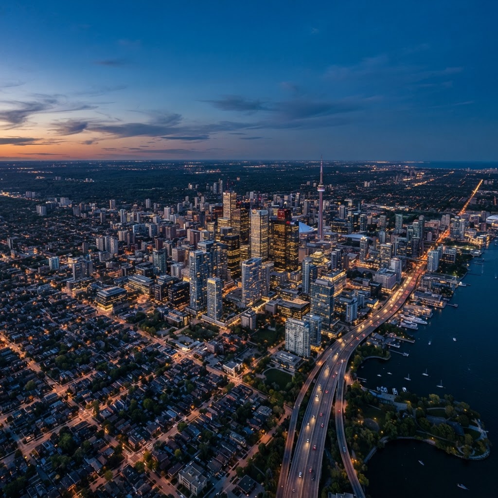 Aerial evening view of a Canadian downtown skyline — SEO services across major Canadian cities