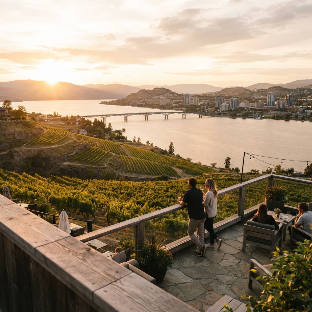 A business terrace overlooking Okanagan Lake and vineyards at golden hour in Kelowna
