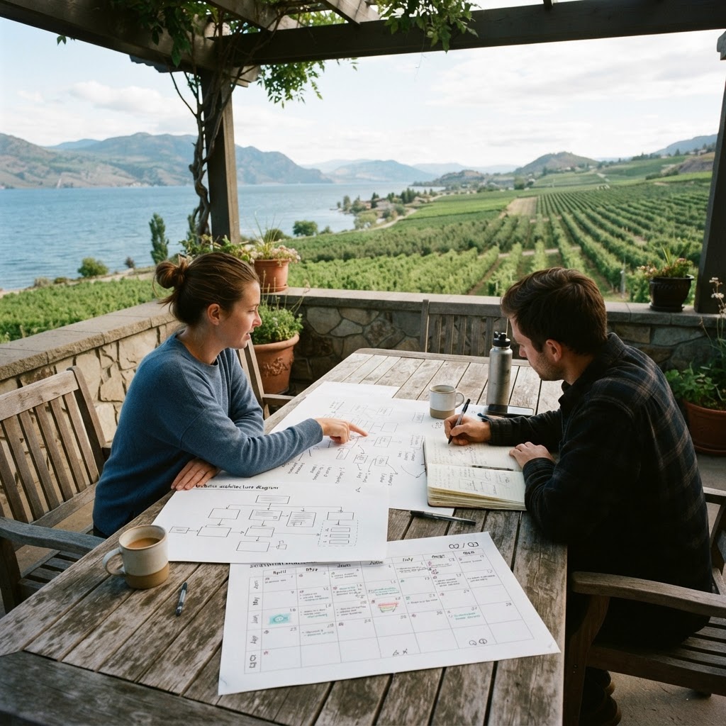 A Kelowna SEO planning session — website architecture diagrams and a seasonal marketing calendar on a table overlooking Okanagan Lake