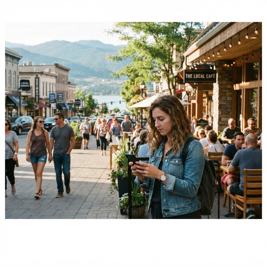 A customer checking her phone outside a café on a sunny pedestrian street in downtown Kelowna