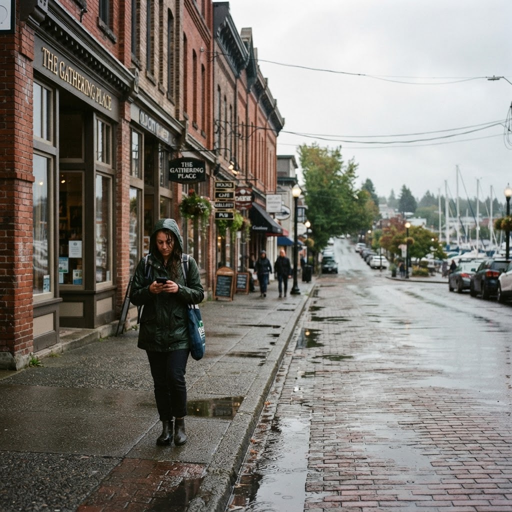 A Nanaimo resident checking her phone while walking past heritage storefronts in the Old City Quarter