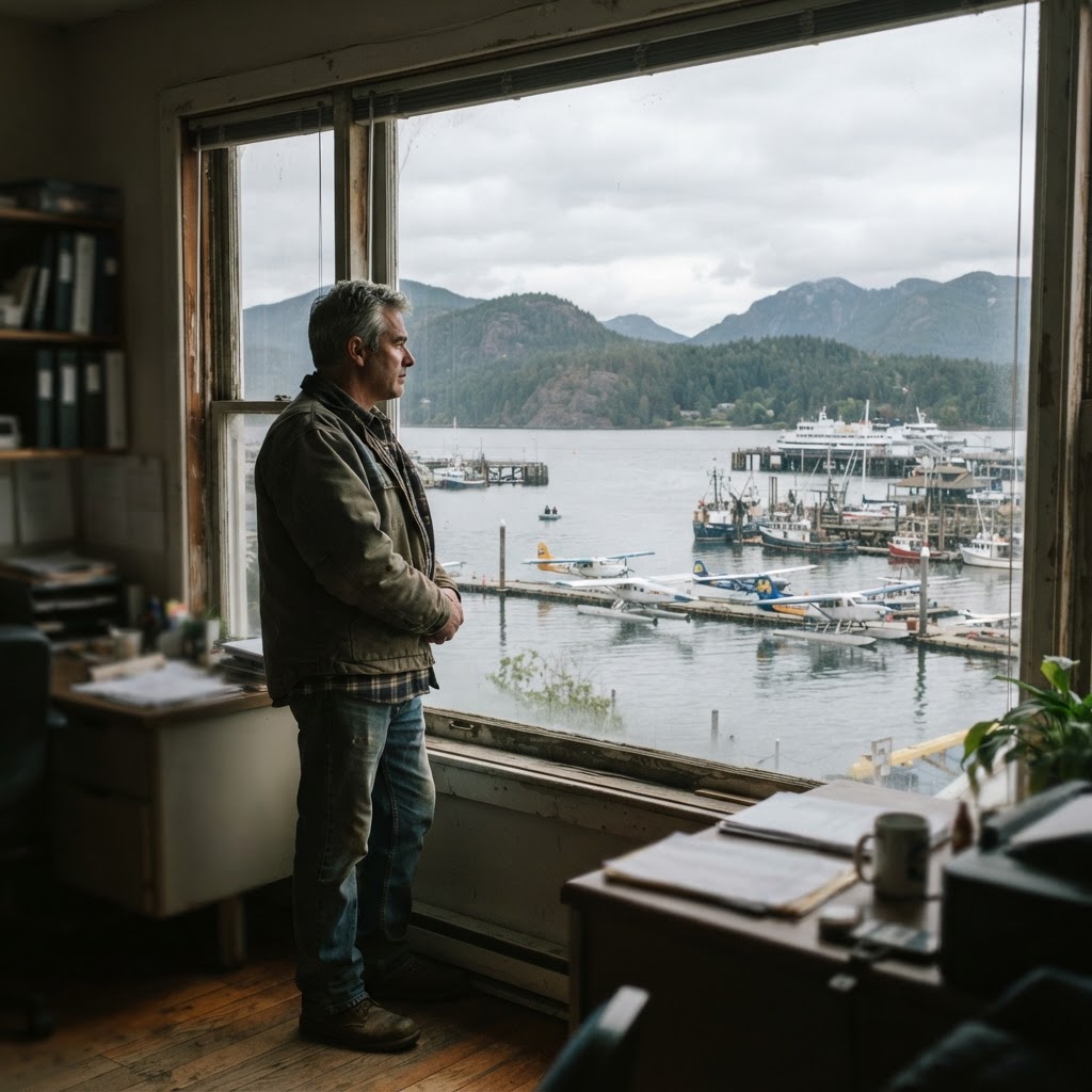 A business owner looking out from a downtown Nanaimo office toward the harbour, floatplanes and boats on the water