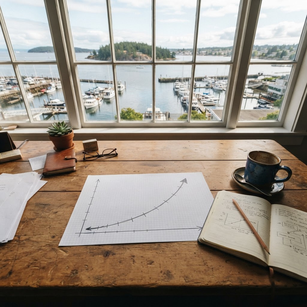 A Nanaimo SEO strategy session — hand-drawn search visibility charts on a desk overlooking the harbour and Newcastle Island