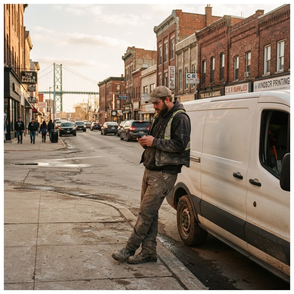A Windsor tradesperson checking his phone beside his van on a downtown street of historic brick buildings