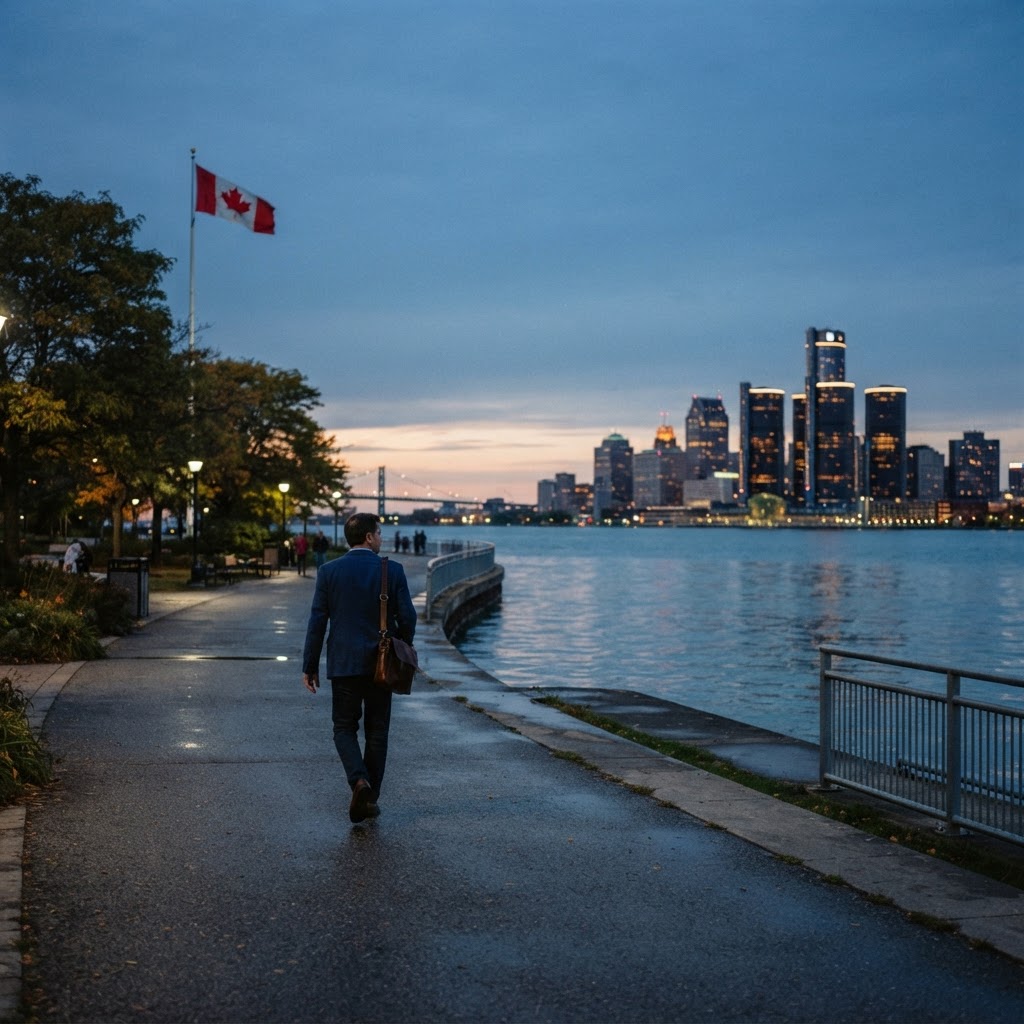 A business owner walking the Windsor riverfront at dusk with the Detroit skyline glowing across the river