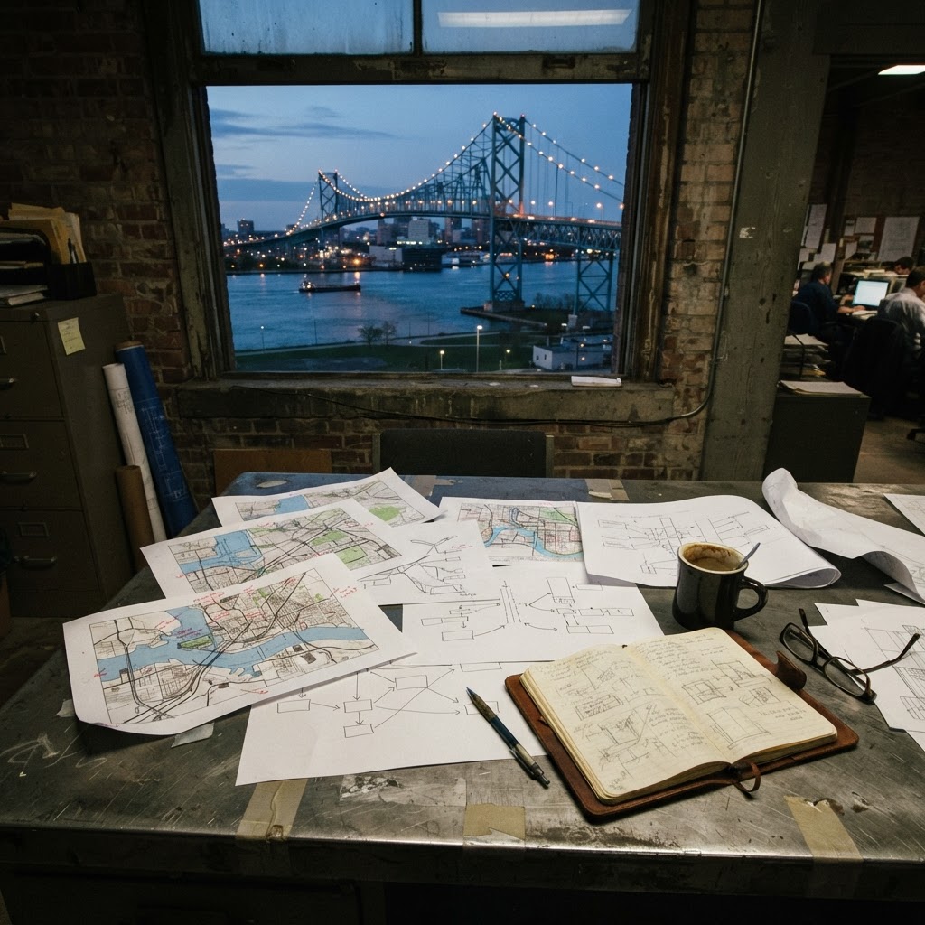 A Windsor SEO planning table — search architecture diagrams on a steel desk with the Ambassador Bridge visible through the window